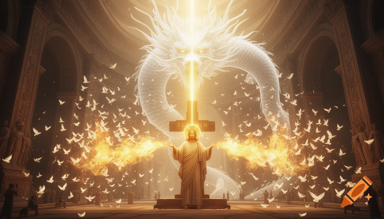Jesus with a cross inscribed 'ELOHIM' radiating fire, surrounded by a luminous dragon and flying doves in a grand temple.