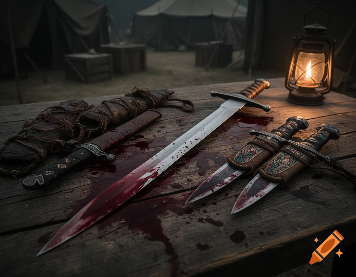 A blood-stained sword, scabbard, and two daggers lie on a rustic wooden table, illuminated by a lantern, with tents in the background.