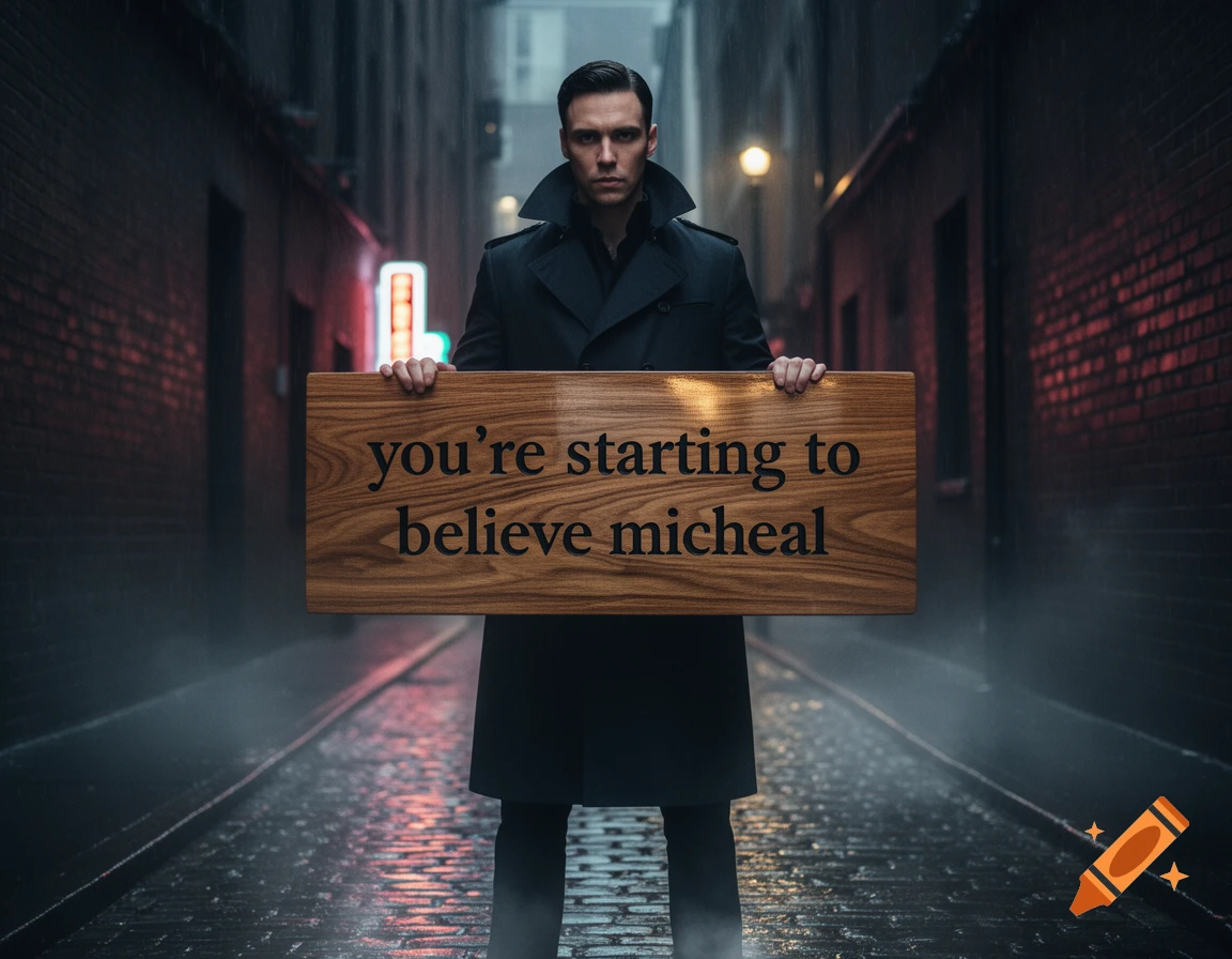 A man in a dark trench coat stands in a rainy, foggy alley, holding a wooden sign that reads "you're starting to believe micheal".