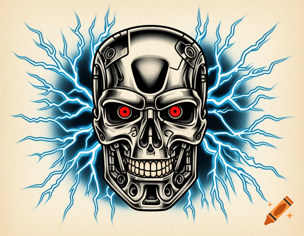 A traditional tattoo flash style illustration of a Terminator T-800 skull with glowing red eyes and blue electric lightning behind it.