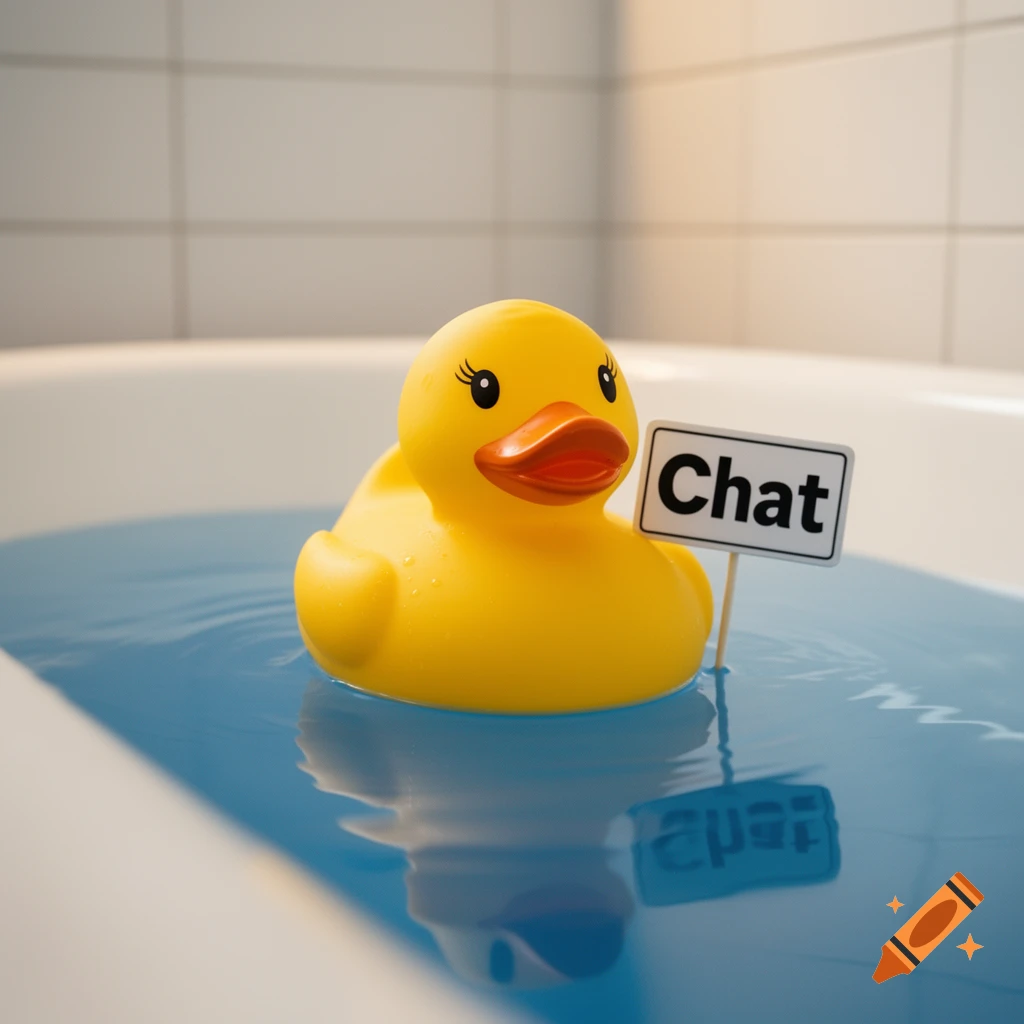 A yellow rubber duck with eyelashes holds a sign that says 'Chat' while floating in blue water in a white bathtub.
