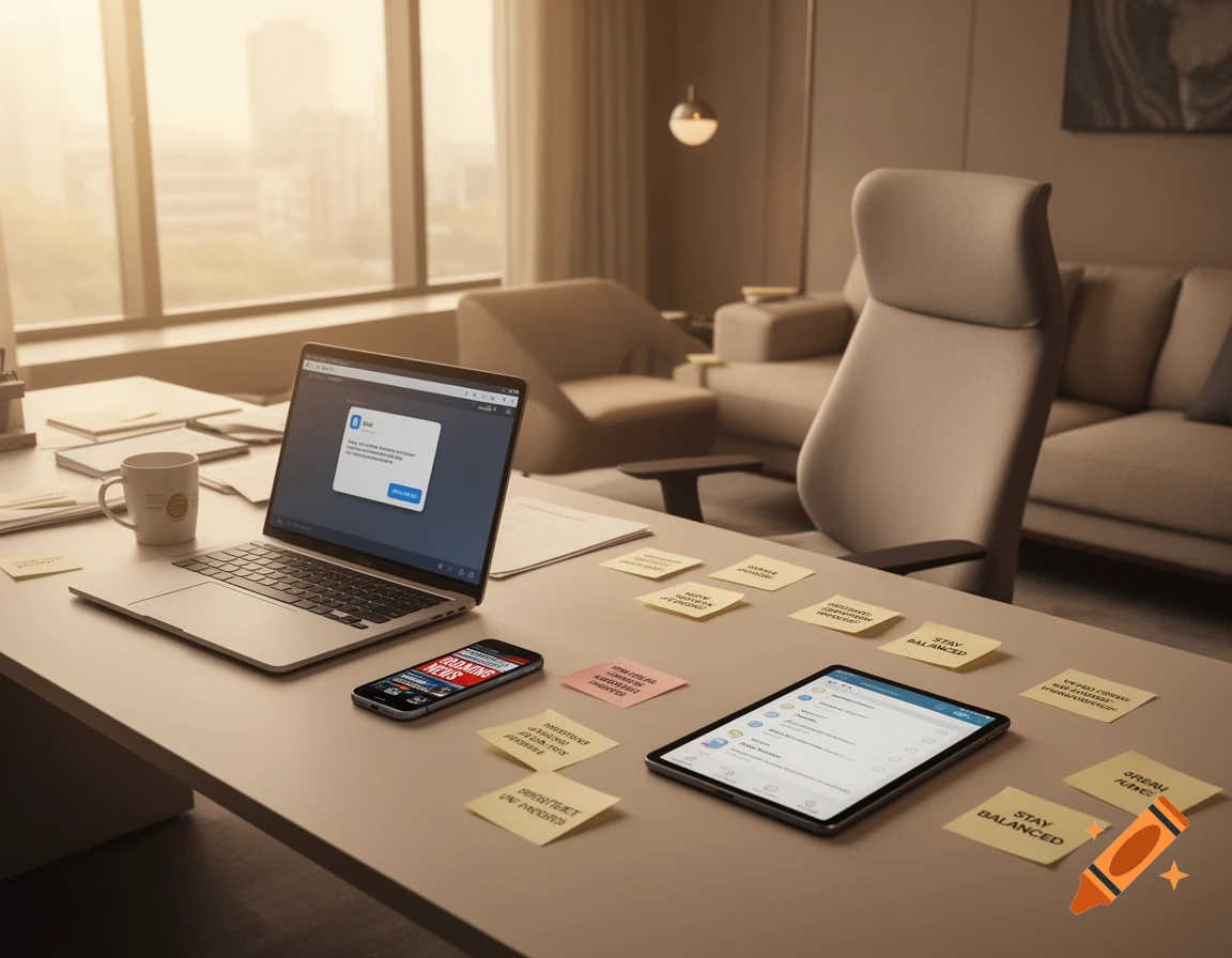A desk in a modern office with a laptop, tablet, phone, coffee cup, and numerous sticky notes scattered across it. A window shows city buildings in the background.