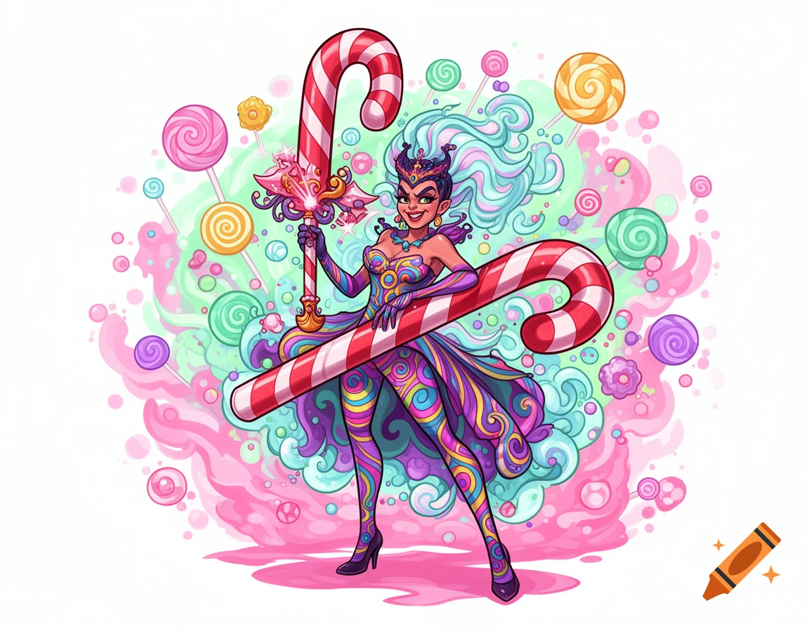 A colorful cartoon evil woman villain with blue hair and patterned outfit, holding a candy cane sword amidst candy and swirls.