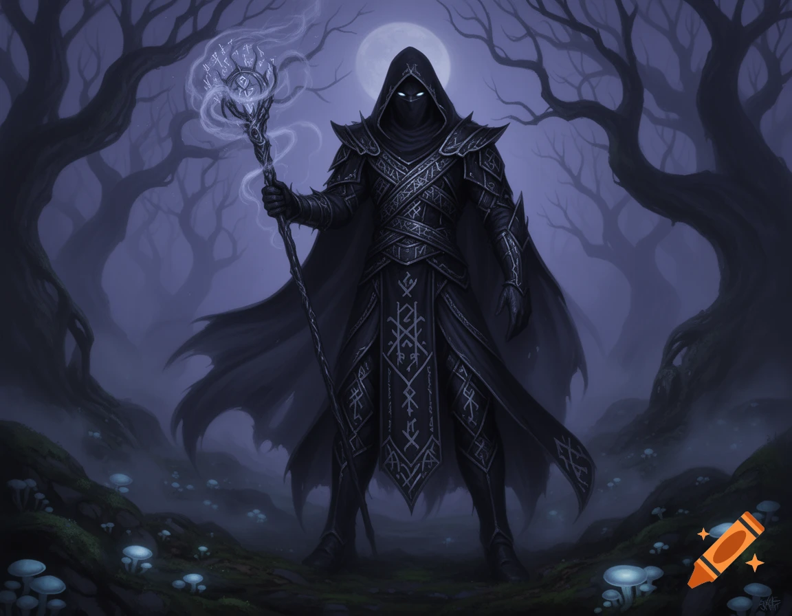 A dark hooded figure in ornate armor holds a glowing staff in a misty, moonlit forest with luminous mushrooms.