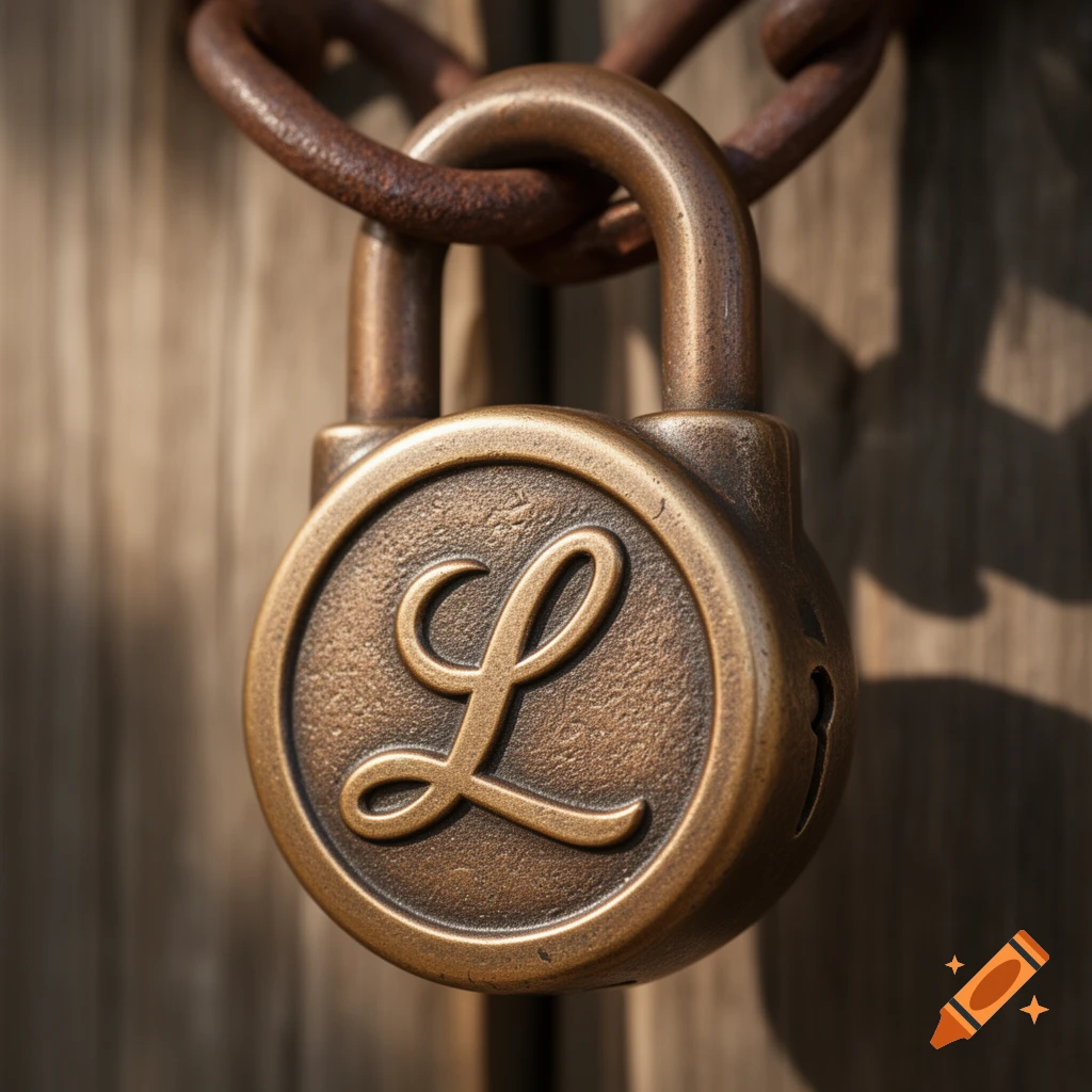 Photorealistic close-up of an old, rusty brass padlock with an embossed, stylized 'L' design, linked by a heavy chain.