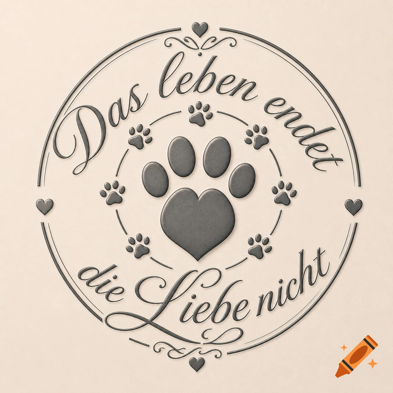 Embossed emblem with a large central paw print, smaller paw prints, and hearts, surrounding the German text "Das leben endet die Liebe nicht".