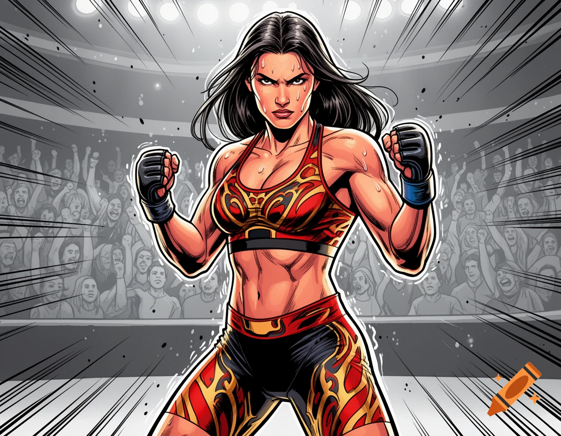 A female MMA fighter with dark hair and a fierce expression, wearing red and gold athletic gear and black gloves, stands in a fighting stance in a comic art style, with a stylized cheering crowd in the background.