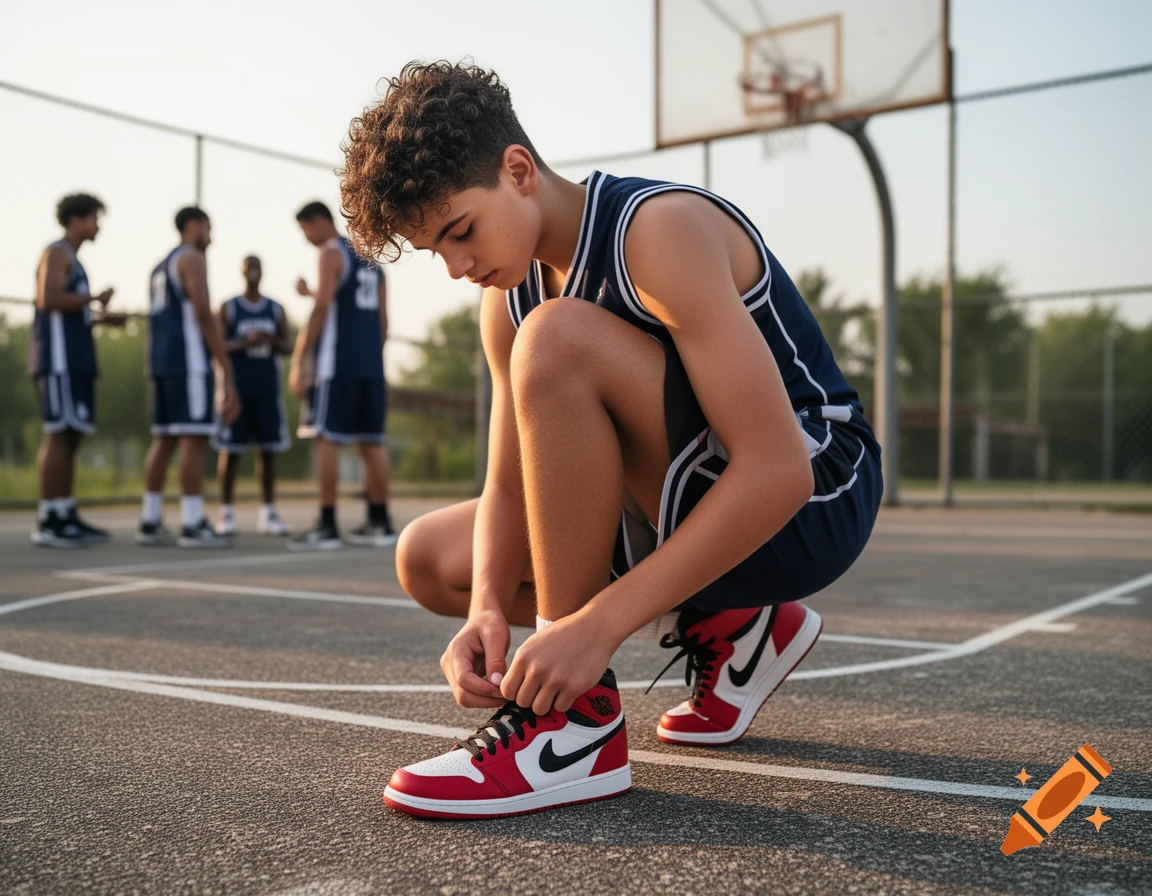 A young male basketball player ties his red and white Jordan sneakers on a court with other players in the background.