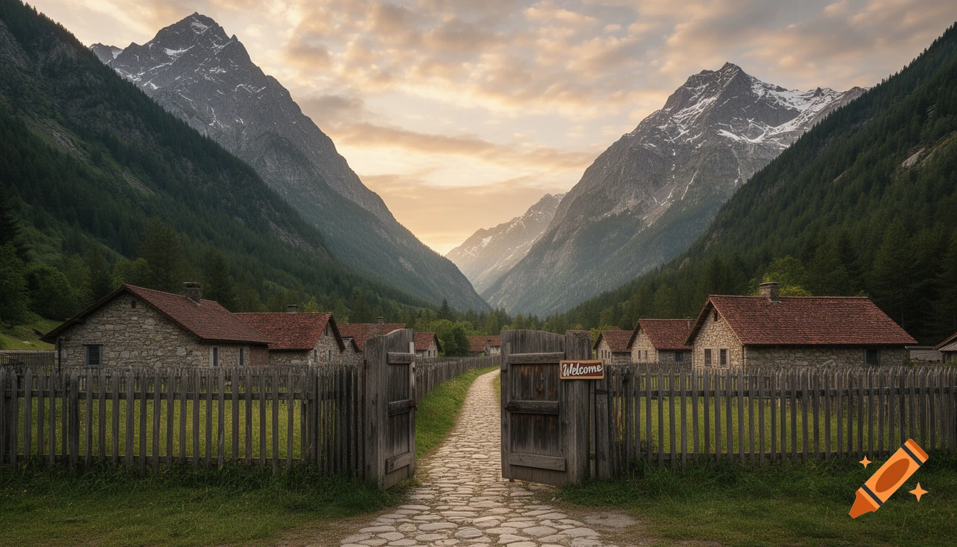 A cobblestone path leads through an open wooden gate into a stone village nestled between two forested mountains under a dramatic sky. A small sign on the gate reads "Welcome".