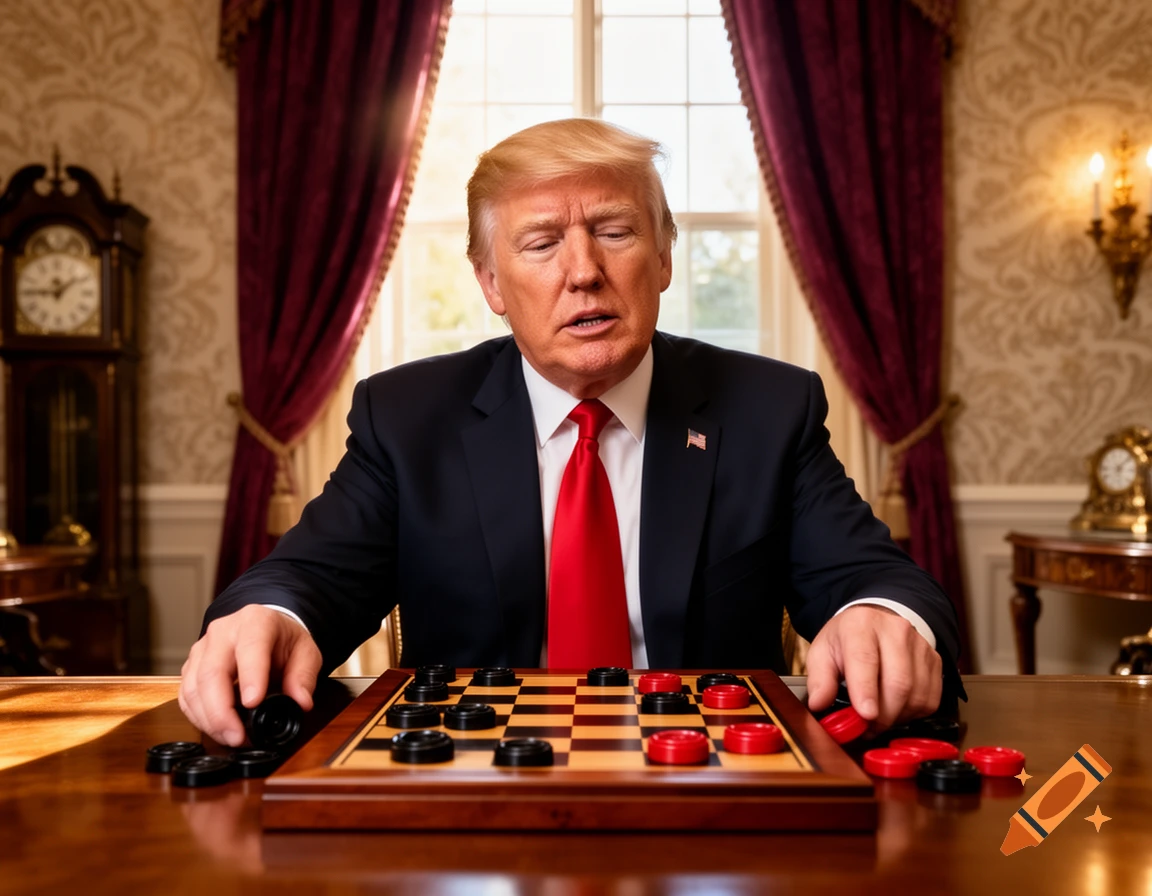 Photorealistic image of Donald Trump playing checkers in a formal room.