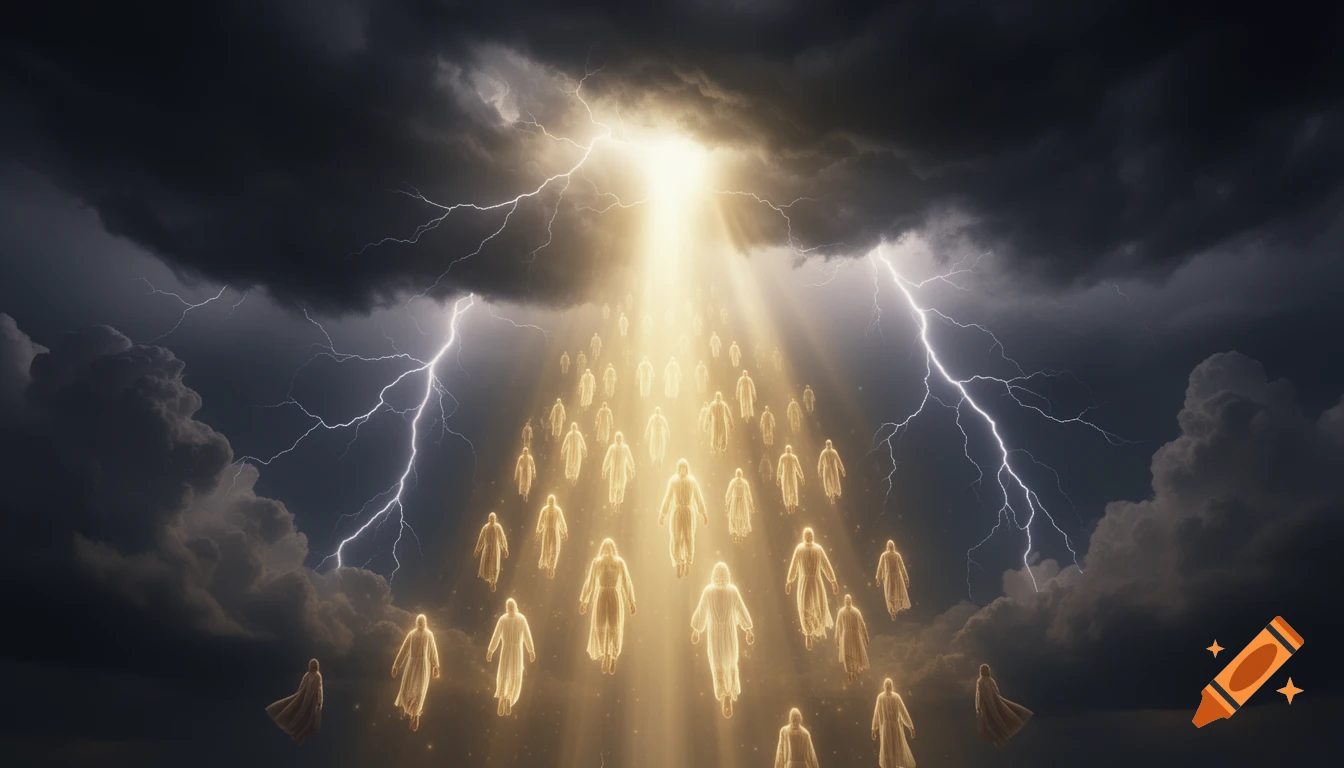 Glowing ethereal figures ascend into a dark, stormy sky illuminated by a golden light beam and bolts of lightning.