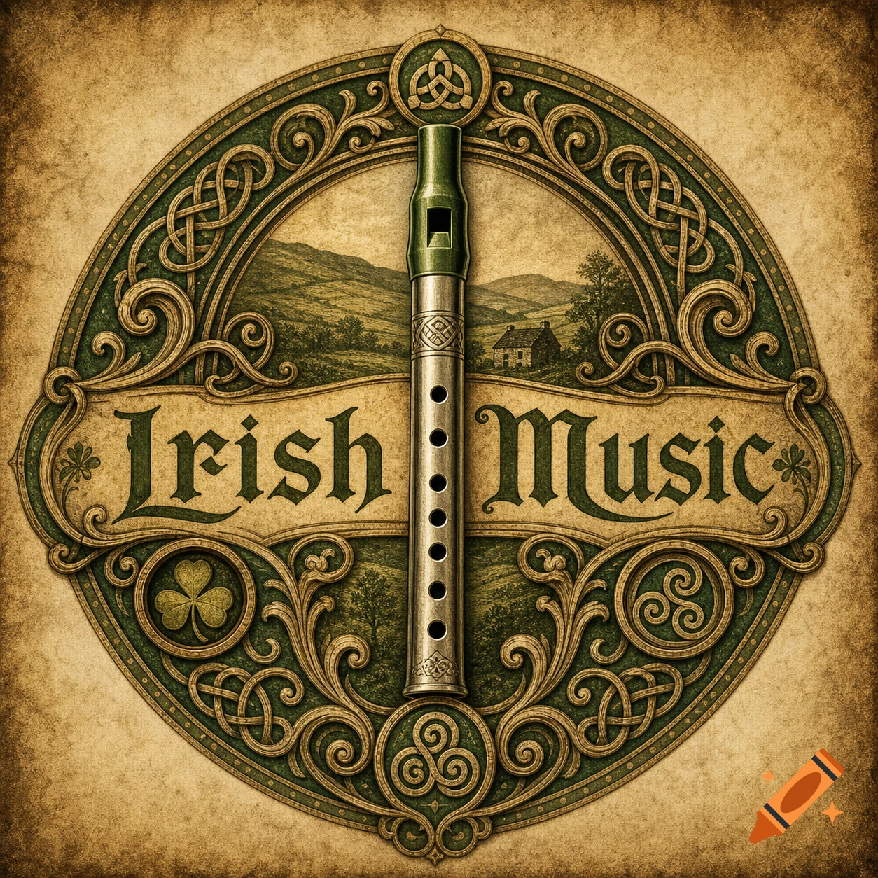 Antique style Irish Music logo featuring a tin whistle, Celtic knotwork, and a landscape background.