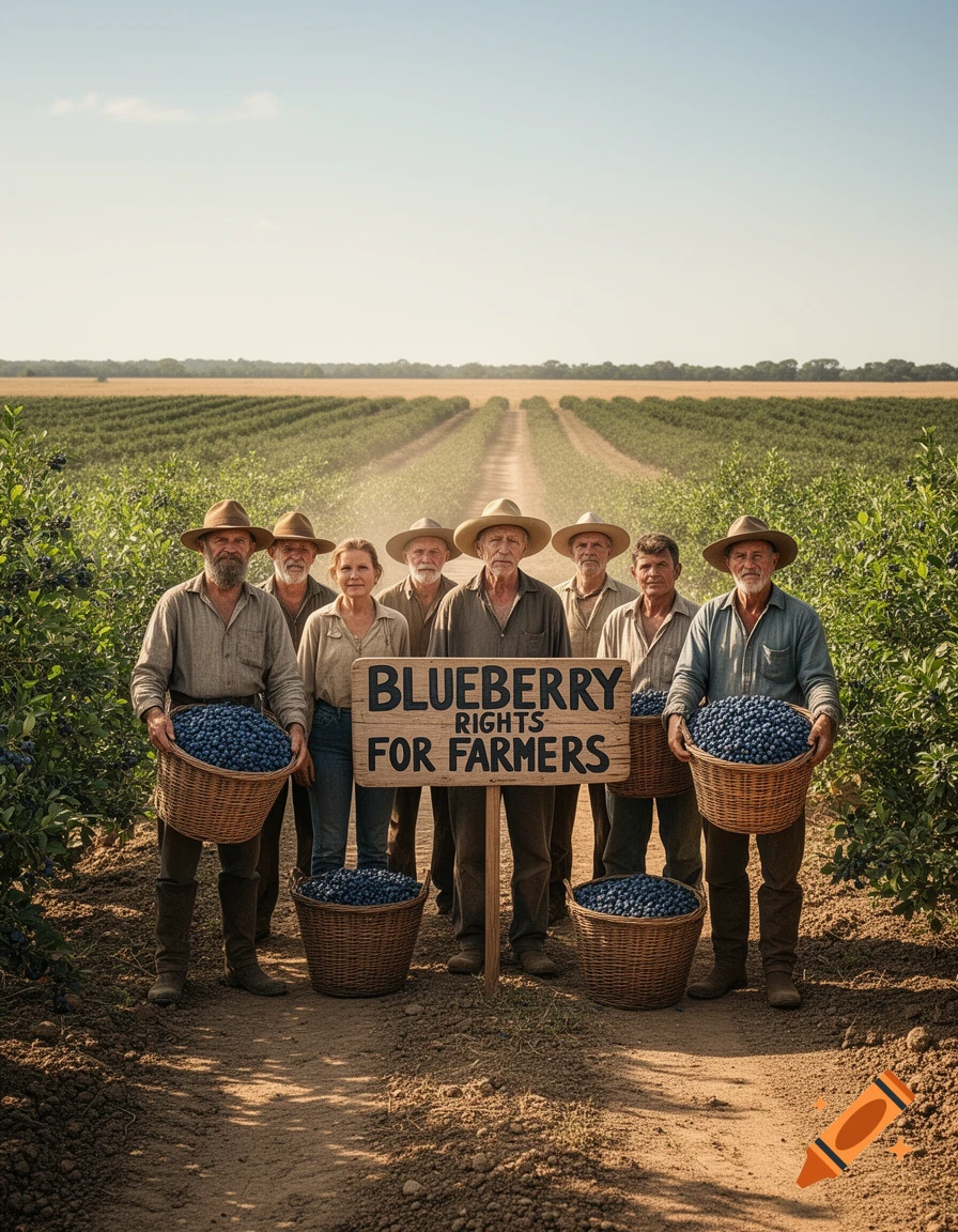 A group of farmers stand in a blueberry field, holding baskets of blueberries and a sign reading 'BLUEBERRY RIGHTS FOR FARMERS'.