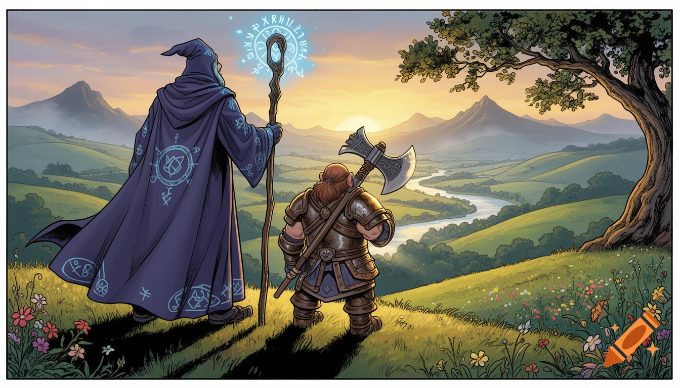 A wizard and a dwarf warrior stand on a grassy hill, overlooking a valley with a winding river and mountains at sunset, in a comic art style.