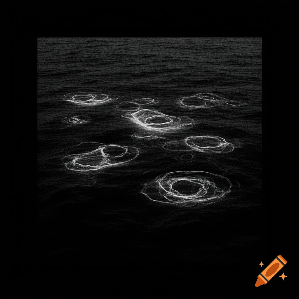 Ghostly white, abstract ripples spread across a dark, turbulent black ocean in a minimalist style.