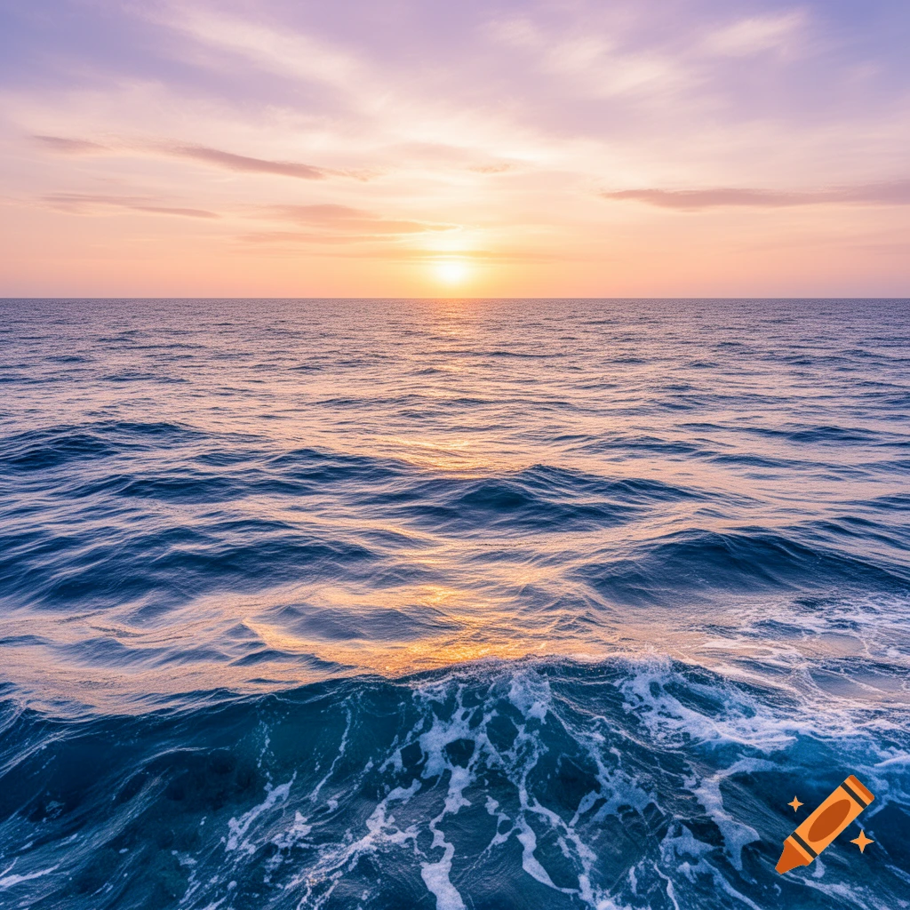 A serene photorealistic image of a vibrant sunset over the ocean, with the sun low on the horizon casting a golden glow on gentle waves.