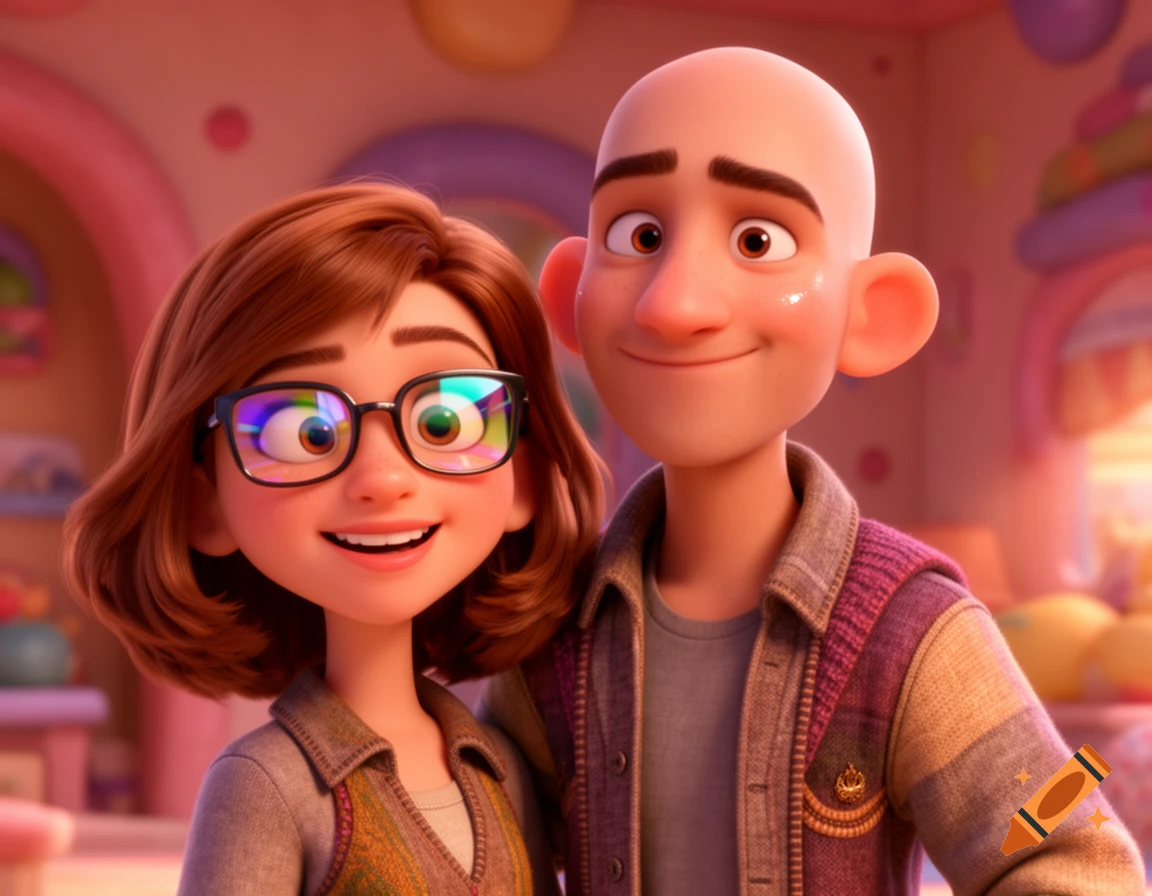 A smiling woman with brown hair and glasses stands next to a smiling bald man in a Pixar animation style.