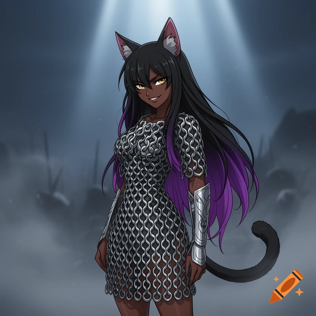 Anime catgirl with dark skin, black hair with purple tips, wearing a chainmail dress, smirking in a misty setting.