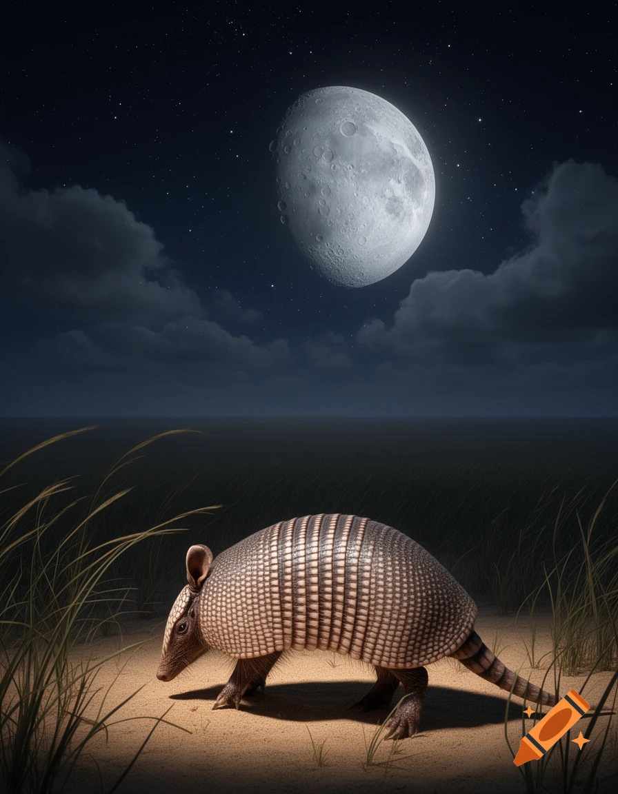 A photorealistic armadillo walks on a sandy plain at night under a large, bright moon and starry sky.
