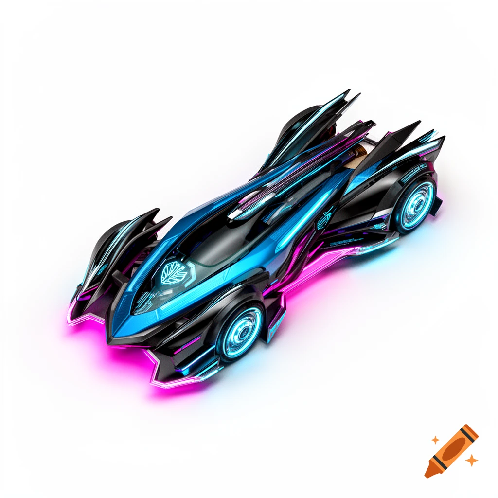 A sleek, futuristic black and blue vehicle with glowing neon pink and blue accents, viewed from above on a white background.