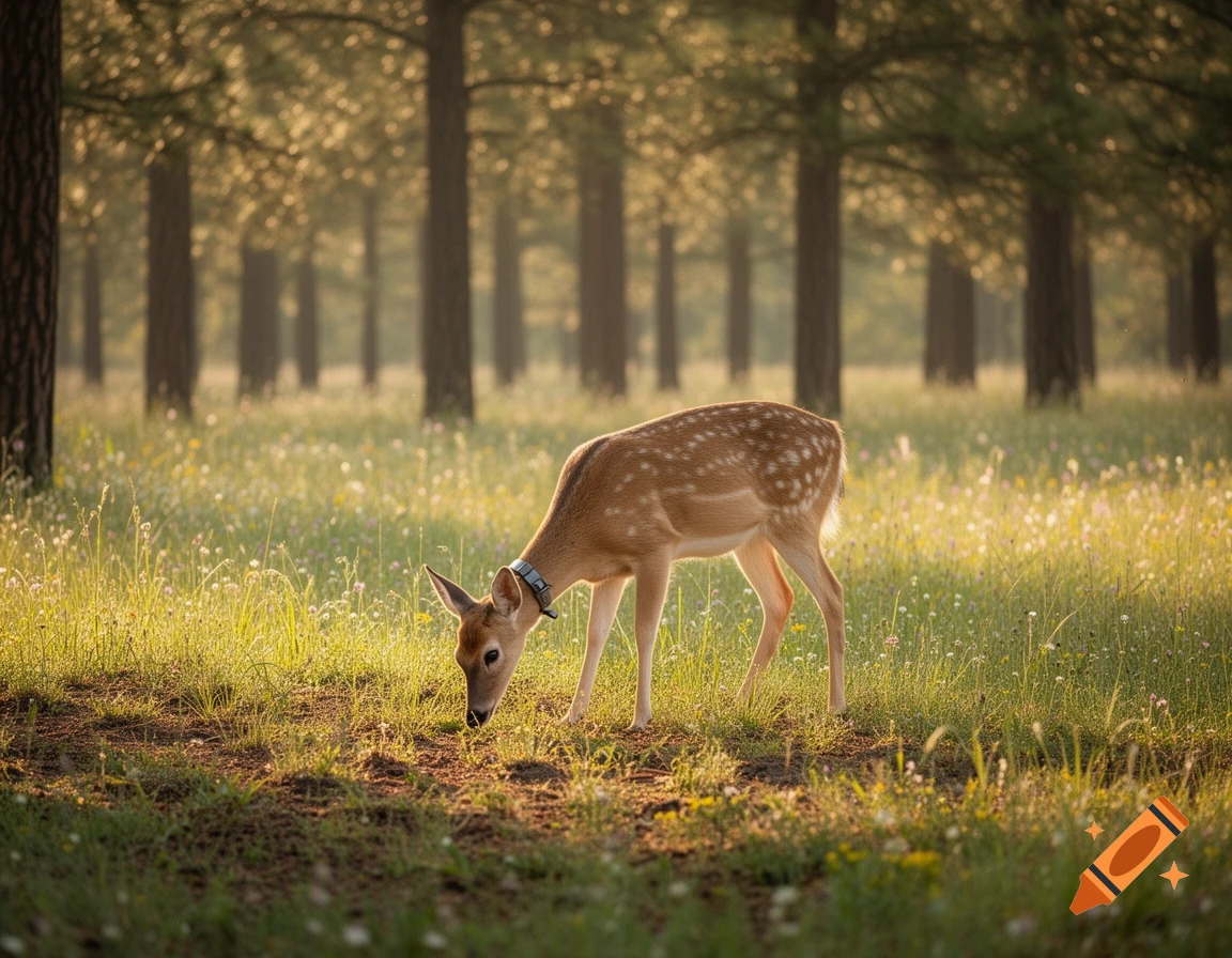 A photorealistic spotted fawn wearing a tracking collar, grazing in a sunlit meadow within a forest.