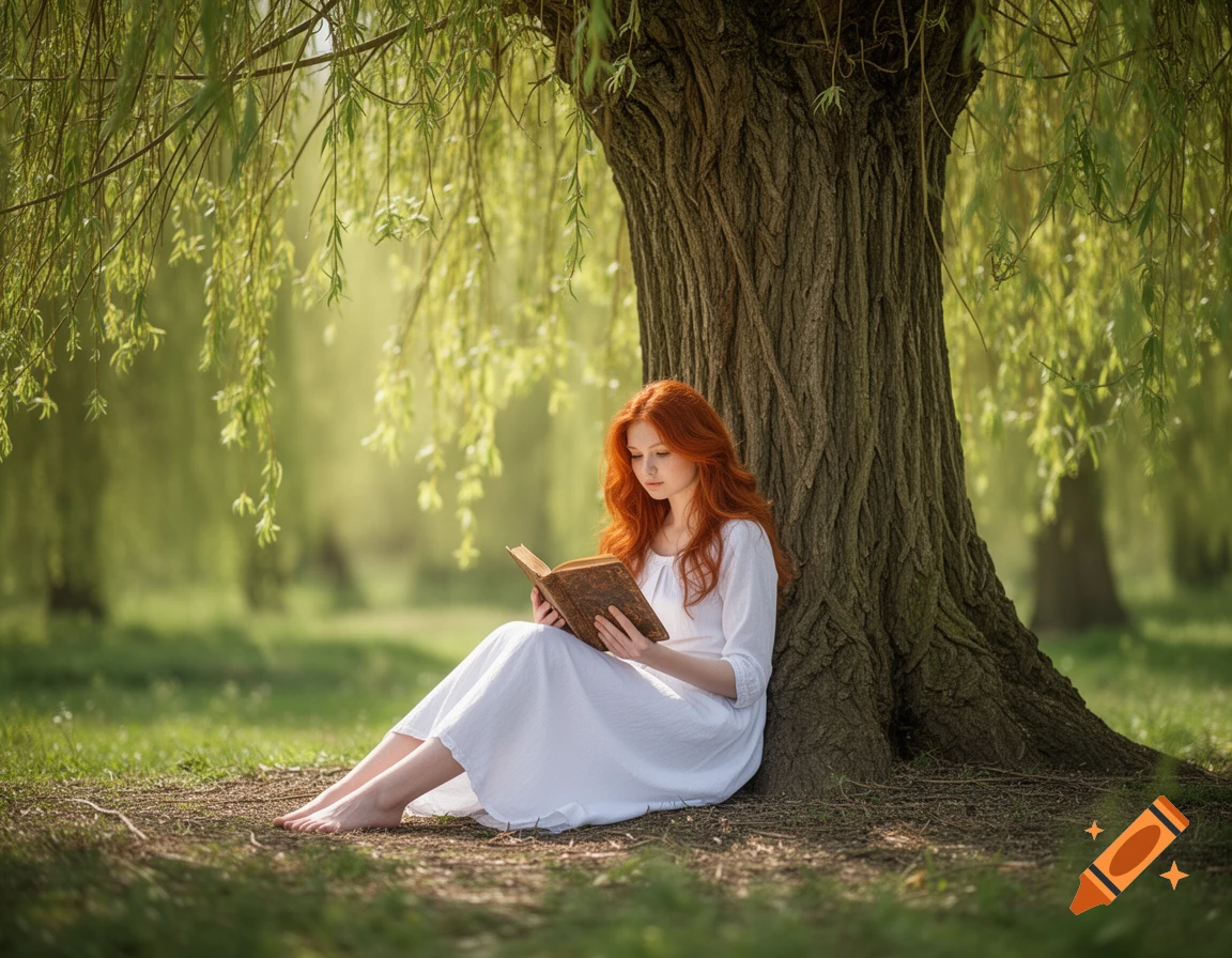 A red-haired woman in a white dress sits barefoot under a large willow tree, reading an old book in a sunlit forest.