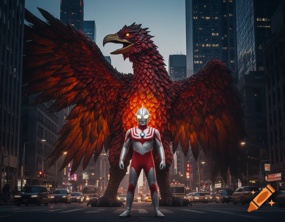 Ultraman stands in a city street before a colossal, fiery red and orange bird monster, with tall buildings in the background.
