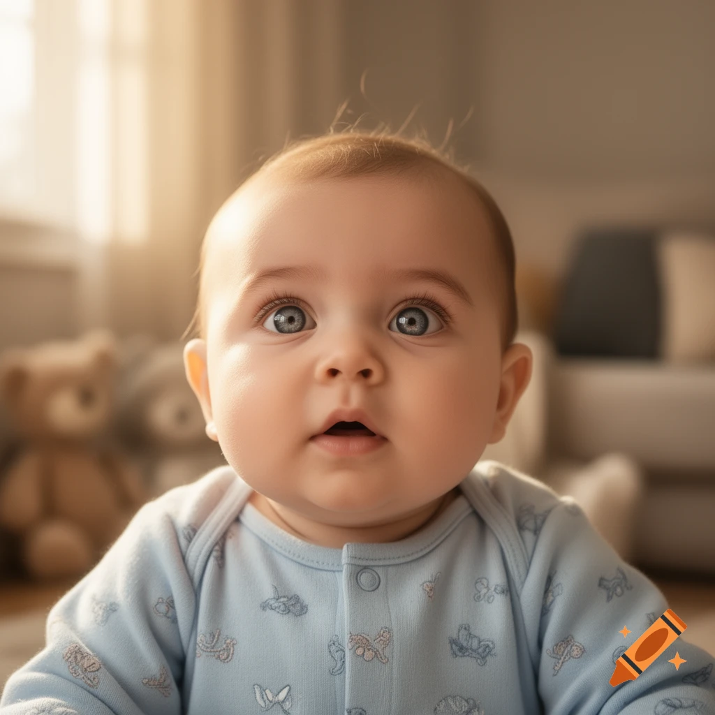 Close-up portrait of a wide-eyed baby with blue eyes wearing a blue patterned onesie, with a blurred background of a room and a teddy bear.