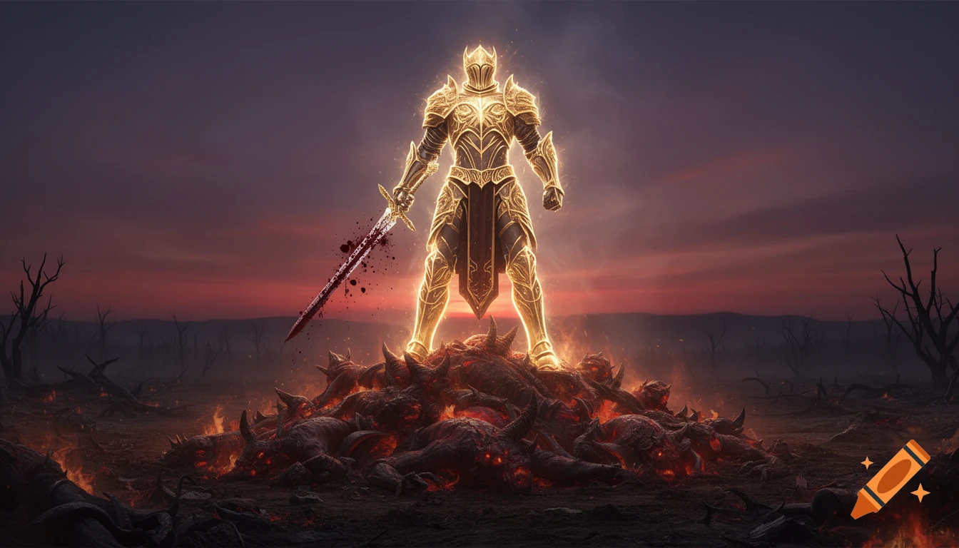 A glowing golden paladin stands victorious on a mound of flaming demon corpses, holding a blood-stained sword against a desolate, sunset sky.