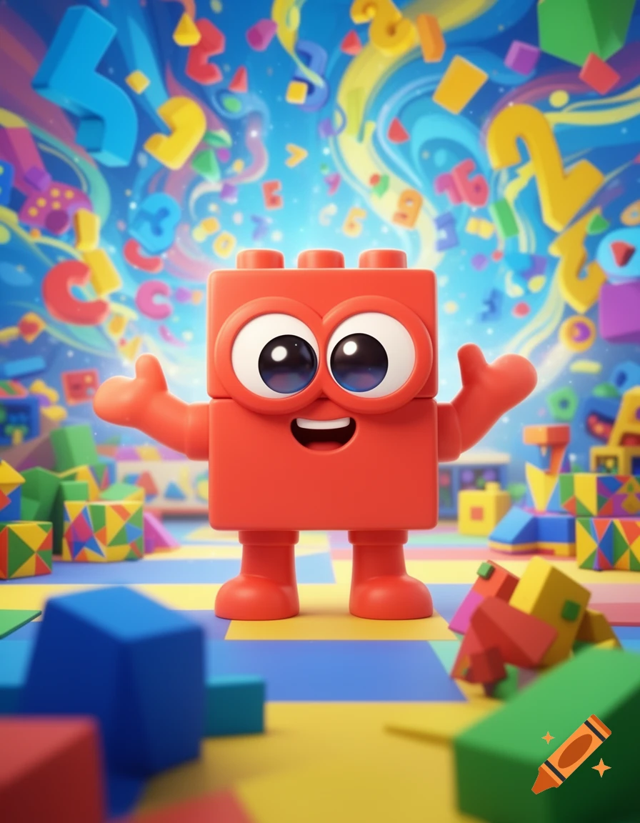A happy red block character with big eyes and a smile, surrounded by colorful building blocks and floating abstract numbers and letters in a bright, playful cartoon style.