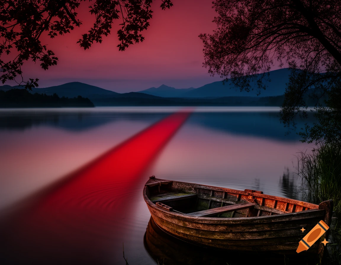 Photorealistic lake landscape at sunset with a wooden boat, a red light reflecting on the water, and distant mountains.