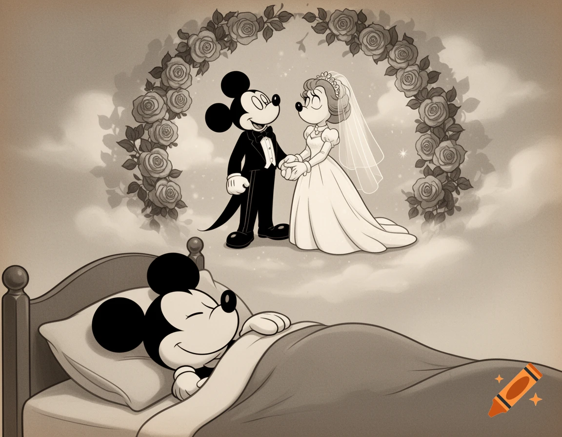 Mickey Mouse sleeps in bed, dreaming of his marriage to Minnie Mouse under a rose arch, in a sepia-toned cartoon.