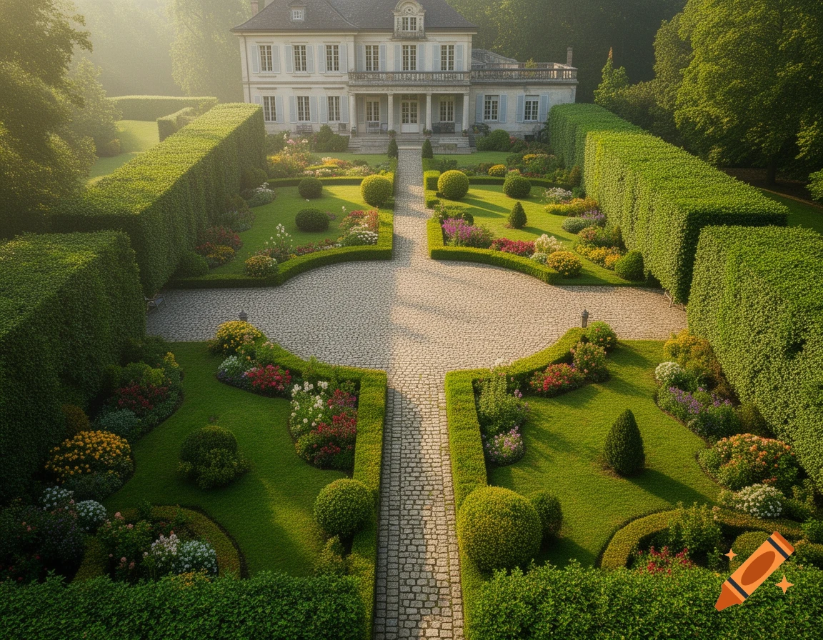 Aerial view of a grand manor house with a meticulously landscaped garden, featuring geometric hedges, colorful flower beds, and a cobblestone driveway, bathed in sunlight.