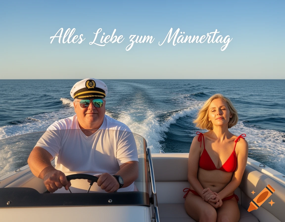 A man in a captain's hat drives a motorboat with a woman in a red bikini sunbathing behind him. White text "Alles Liebe zum Männertag" floats above them.