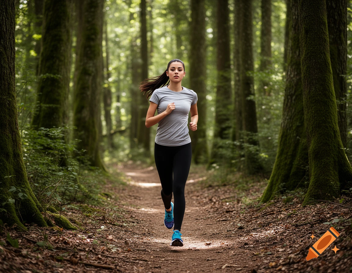 A young woman in athletic wear jogs along a dirt path through a sun-dappled, photorealistic forest.