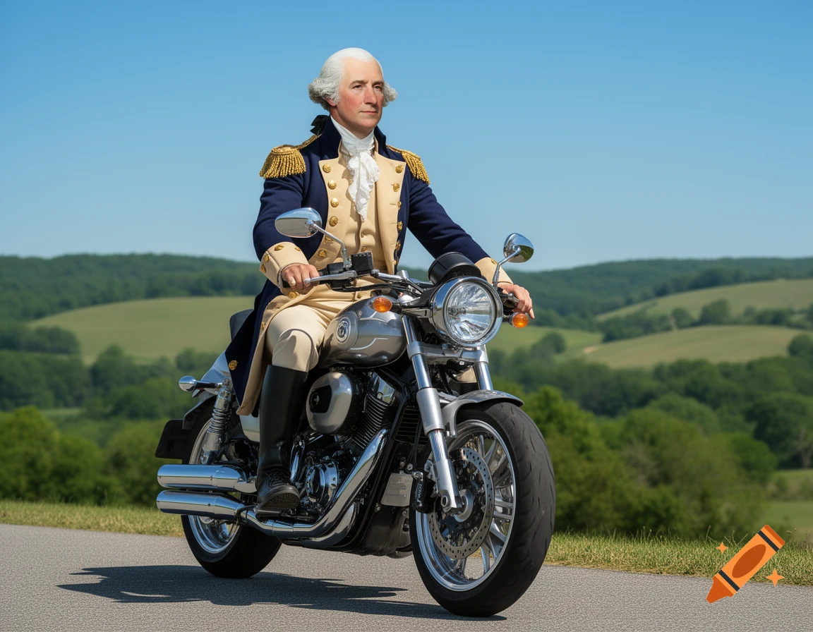 George Washington in military uniform rides a silver motorcycle on a paved road through a green, hilly landscape under a blue sky.