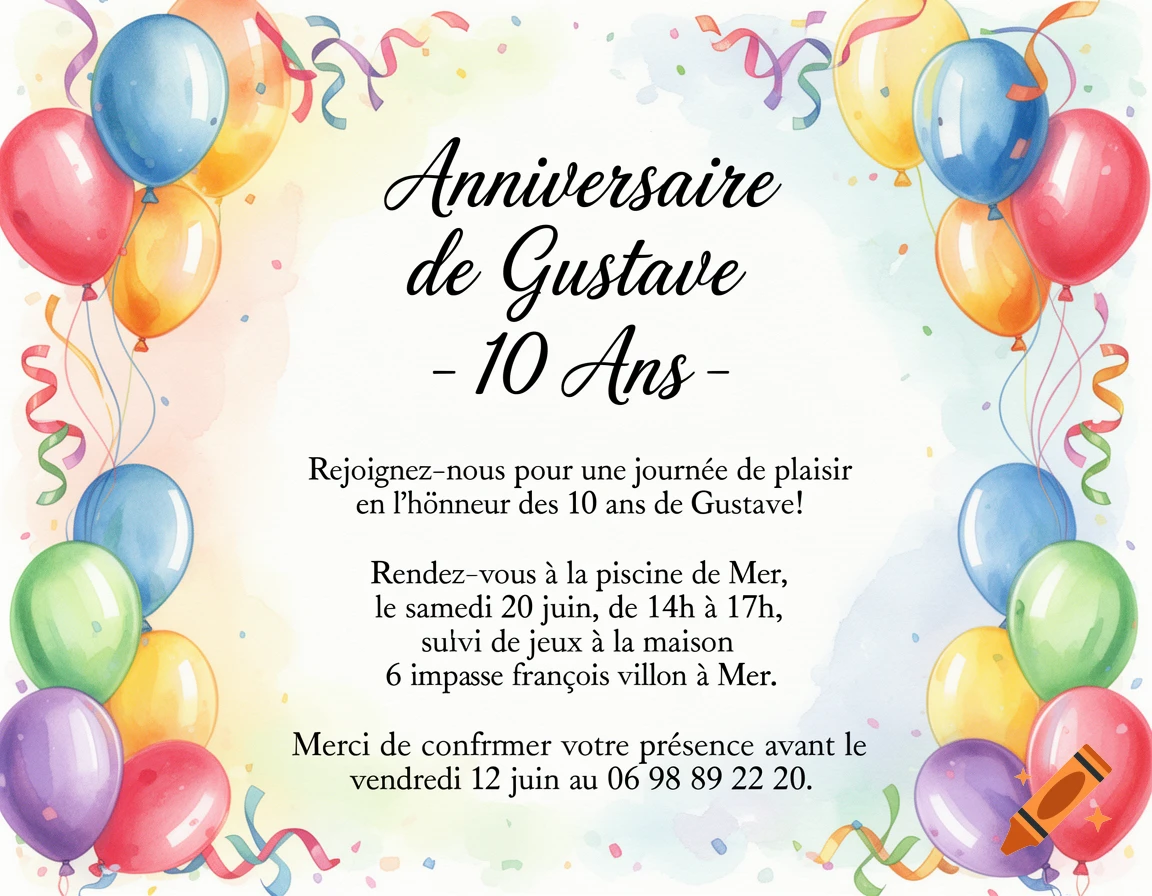 French birthday invitation card in watercolor style with colorful balloons and confetti, inviting to Gustave's 10th birthday party.