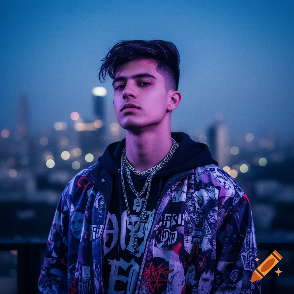 A young man with dark hair and chains wears a patterned jacket over a black hoodie, posing against a blurred city skyline at night.