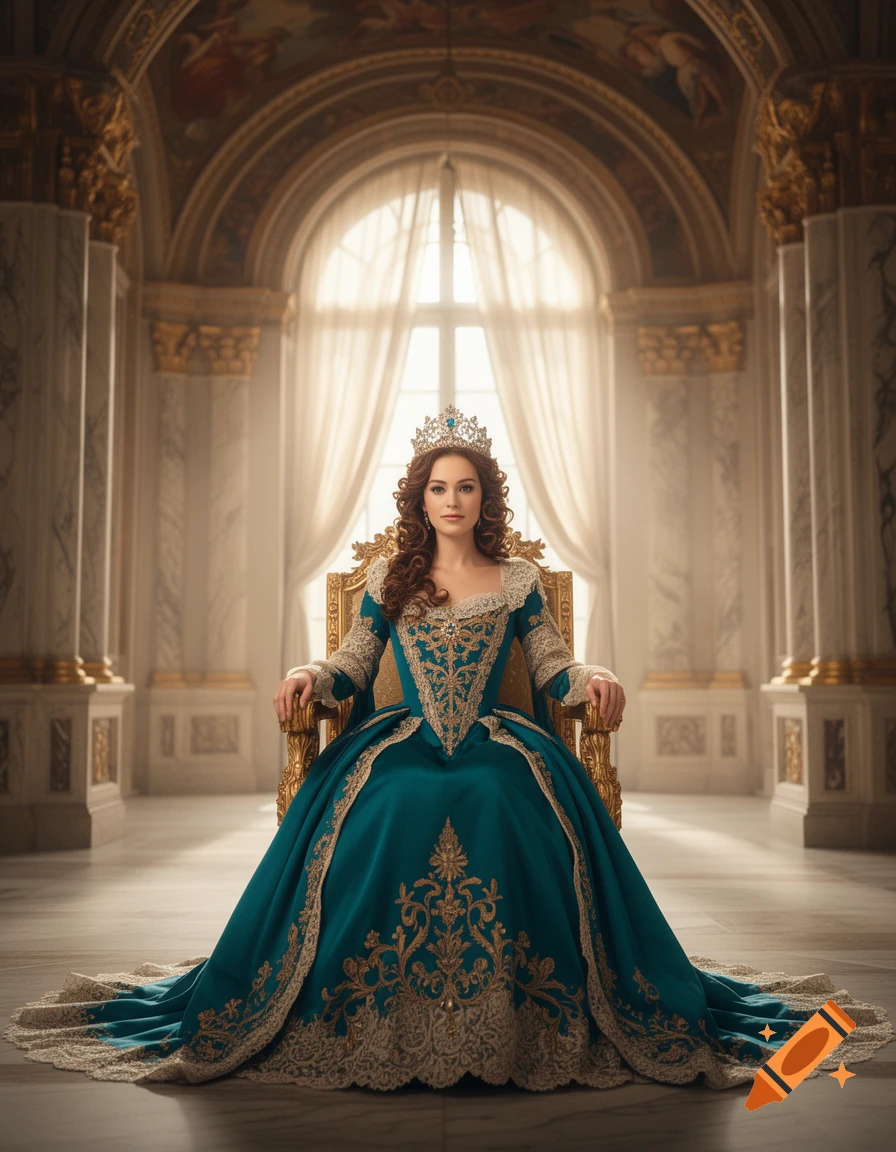 A regal woman in an elaborate teal and gold gown and tiara sits on a golden throne in a grand, sunlit hall.