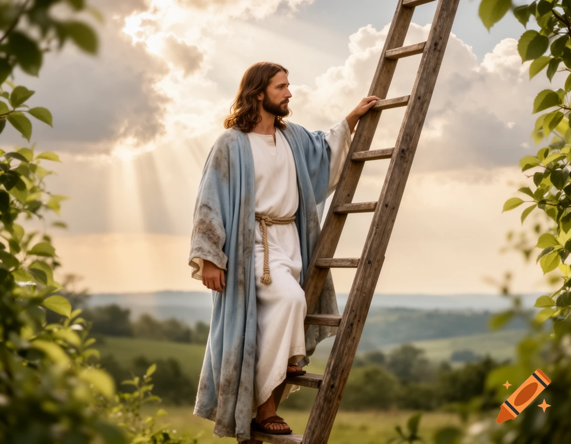 Jesus stands on a wooden ladder, gazing right, against a cloudy sky with sun rays over green hills, framed by leaves.