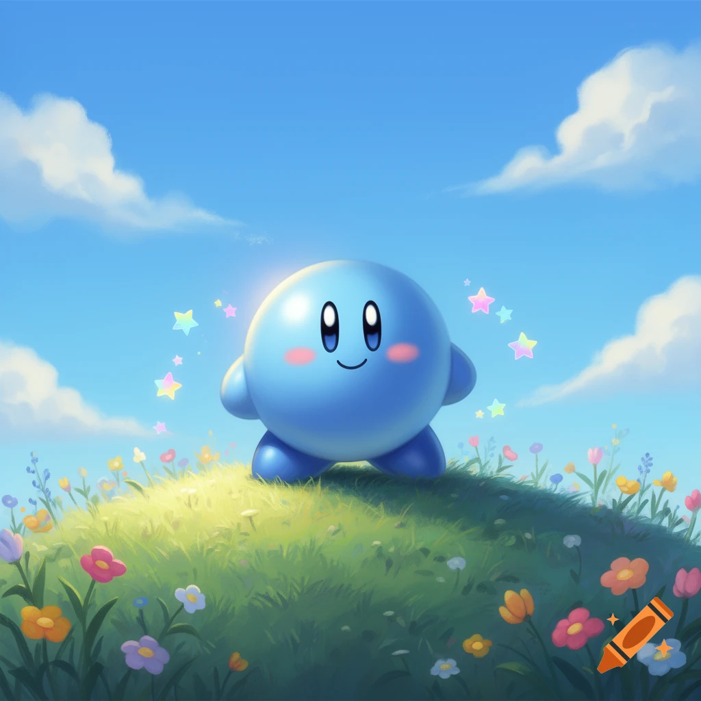 A cute blue round creature with pink cheeks stands on a grassy hill with colorful flowers under a bright blue sky.