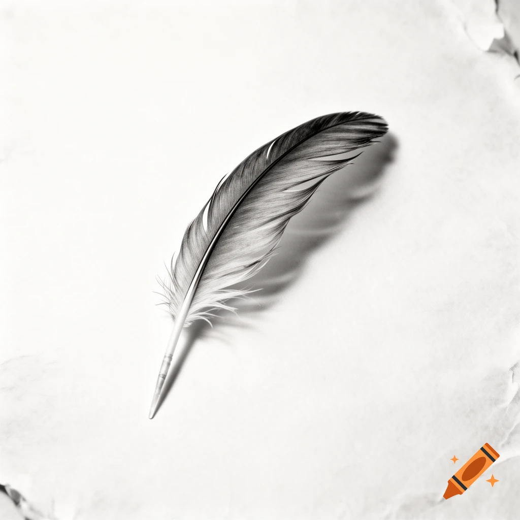 A detailed black and white drawing of a feathered quill resting on a light surface.
