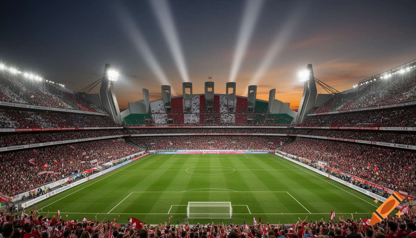 A grand football stadium filled with cheering fans under a dramatic sunset sky and bright spotlights.