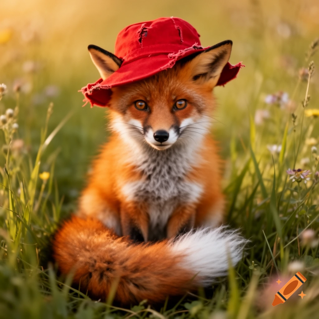 A cute red fox with a tattered red hat sits in a sunny green field, looking directly at the viewer.