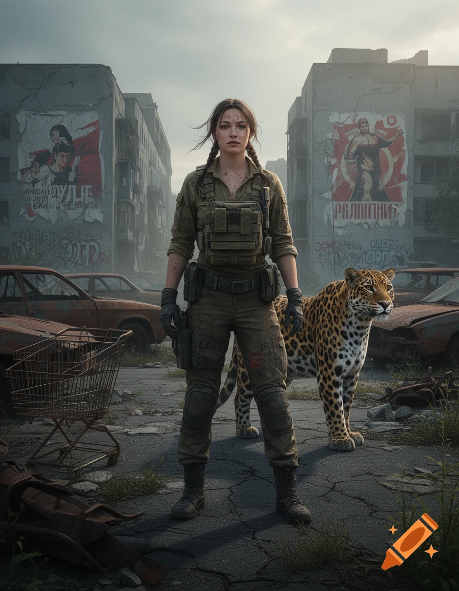A female stalker in combat gear stands with a jaguar in a devastated post-apocalyptic city under an overcast sky, photorealistic style.