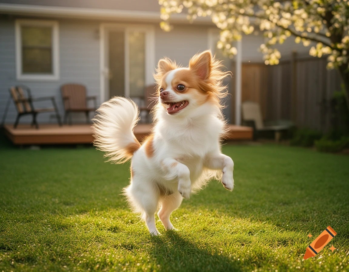 A fluffy white and brown chihuahua jumps playfully on its hind legs in a sunny green backyard.