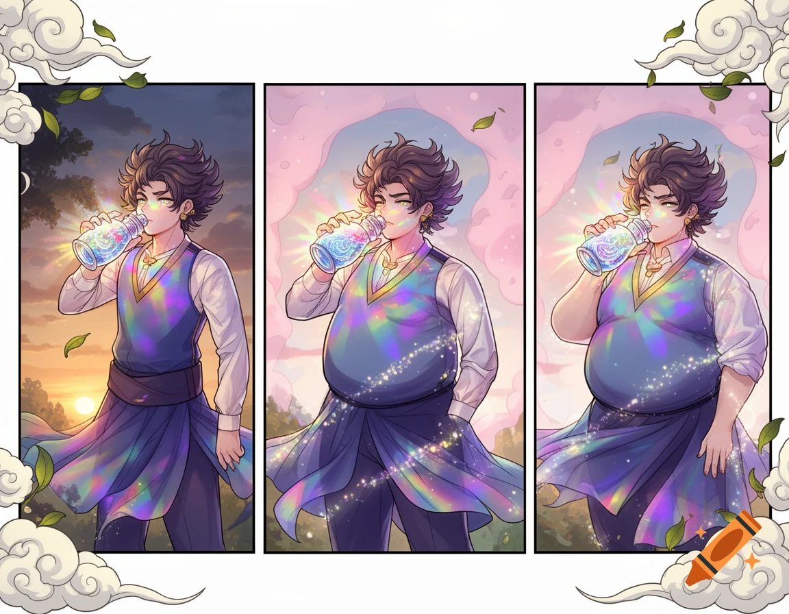 Anime male character drinks a glowing potion, gradually growing fat across three comic panels, set against a sunset and clouds.