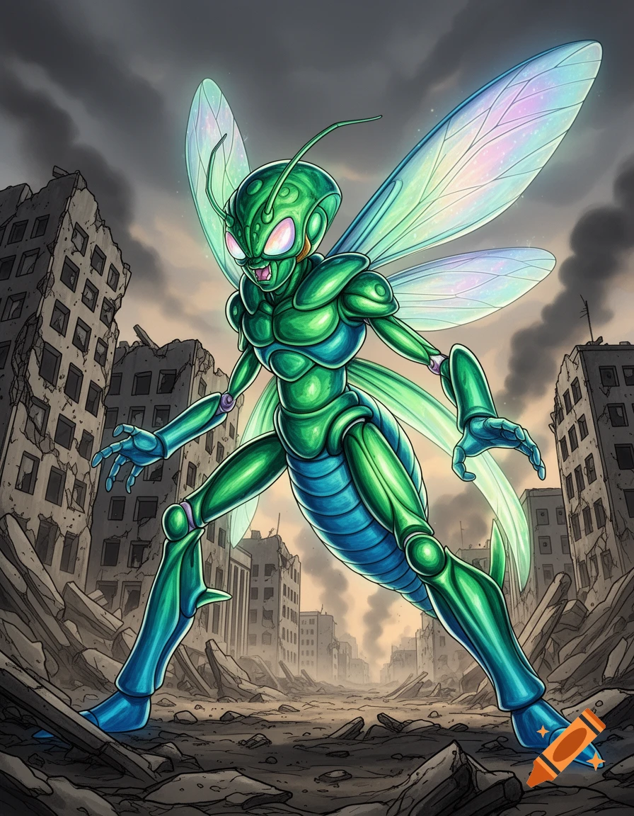 Anime-style illustration of a green and blue insectoid creature with iridescent wings standing amidst a ruined city under a cloudy sky.