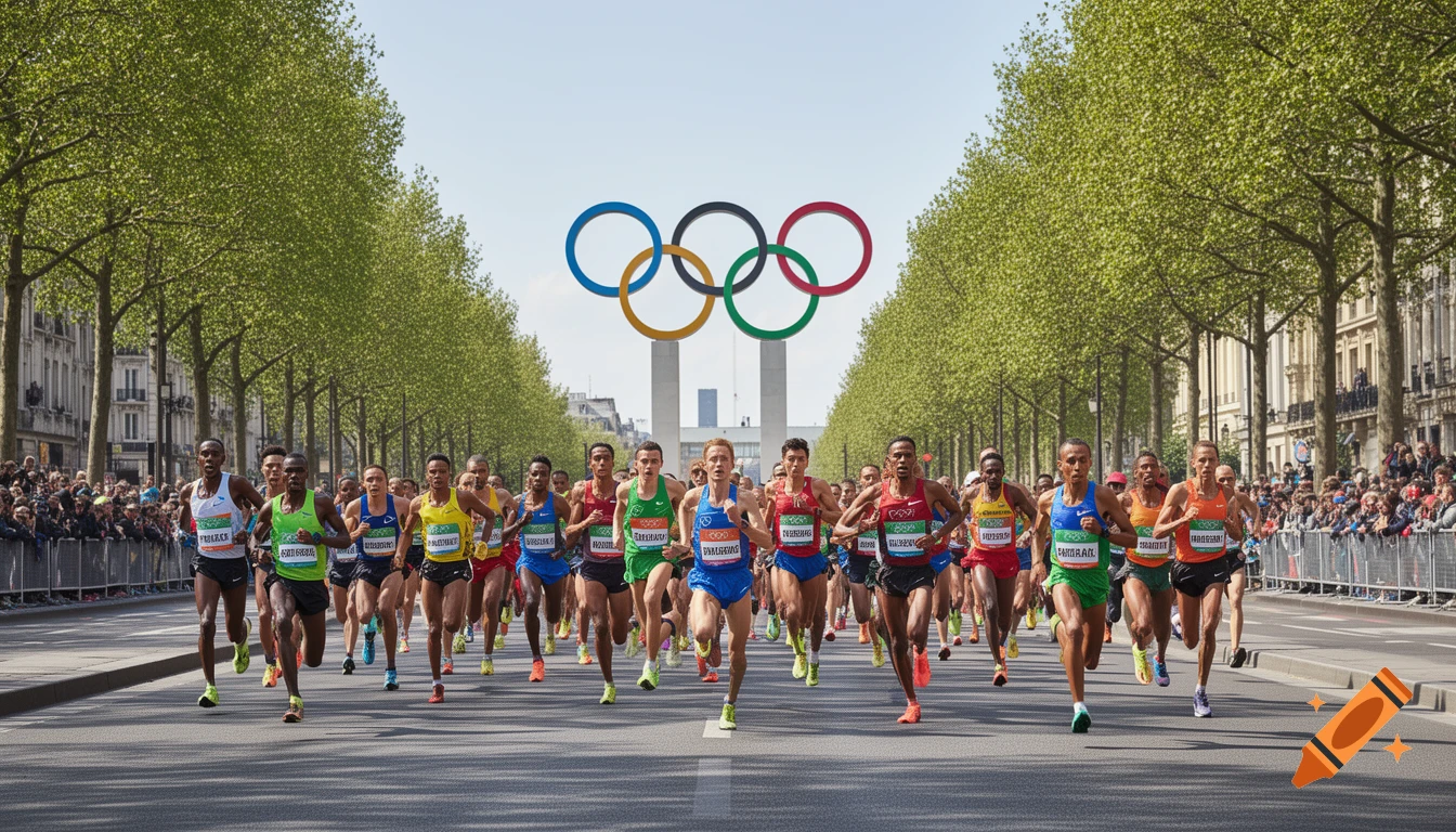 Photorealistic image of a group of diverse marathon runners racing down a city street, with the iconic Olympic rings monument in the background under green trees and a clear sky.