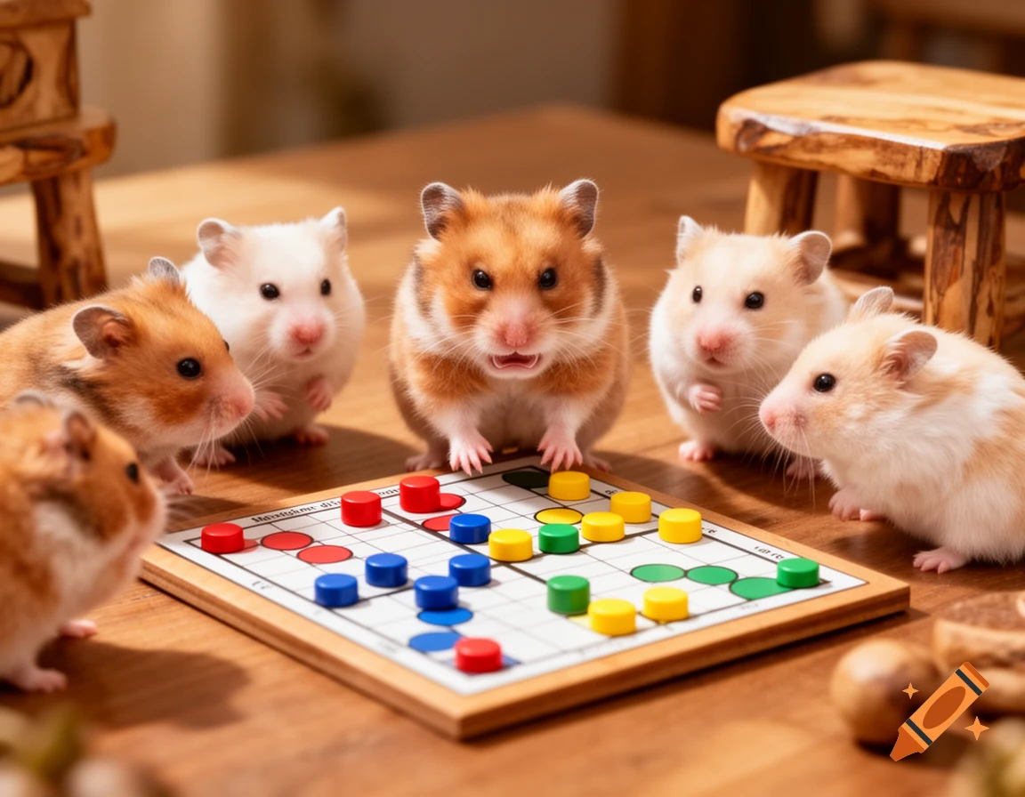 Five cute hamsters sit around a board game with colorful pieces on a wooden table.